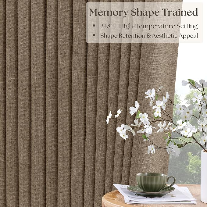 Light Brown 100% Blackout Linen 100 Inch Bedroom Curtains 2 Panels, Latte | - Image 4