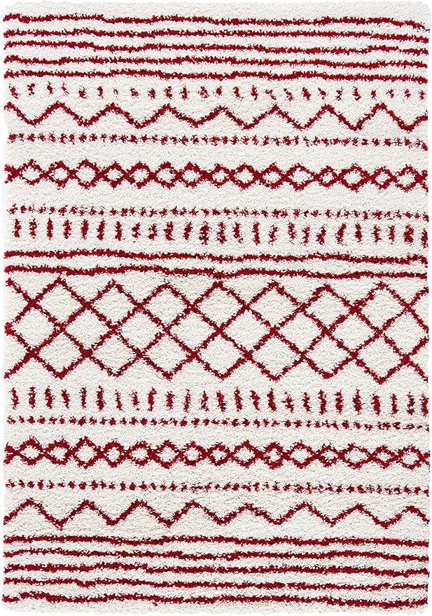 SAFAVIEH Arizona Shag Collection Accent Rug - 3'2" x 5', Ivory & Red, Moroccan Design, Non-Shedding & Easy Care, 1.6-inch Thick Ideal for High Traffic Areas in Entryway, Living Room, Bedroom (ASG741P)