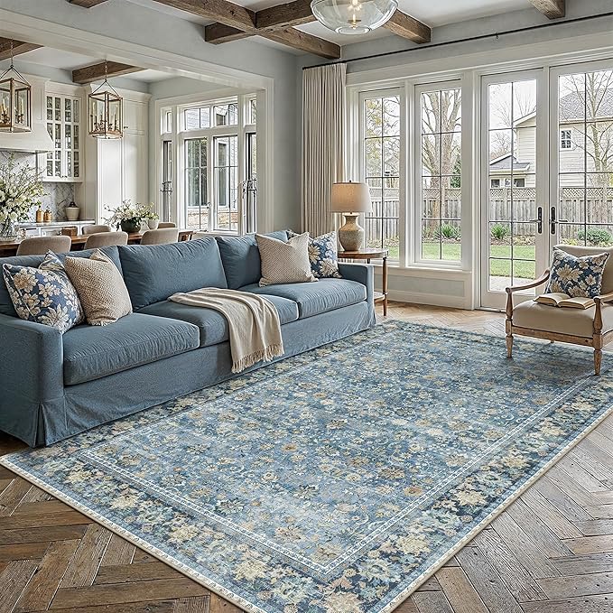 5x7 Light Blue Vintage Floral Washable Area Rug by HUGEAR