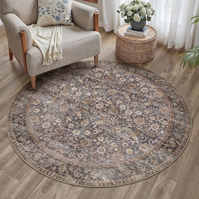 4ft Round Brown Blue Vintage Floral Washable Rug by HUGEAR