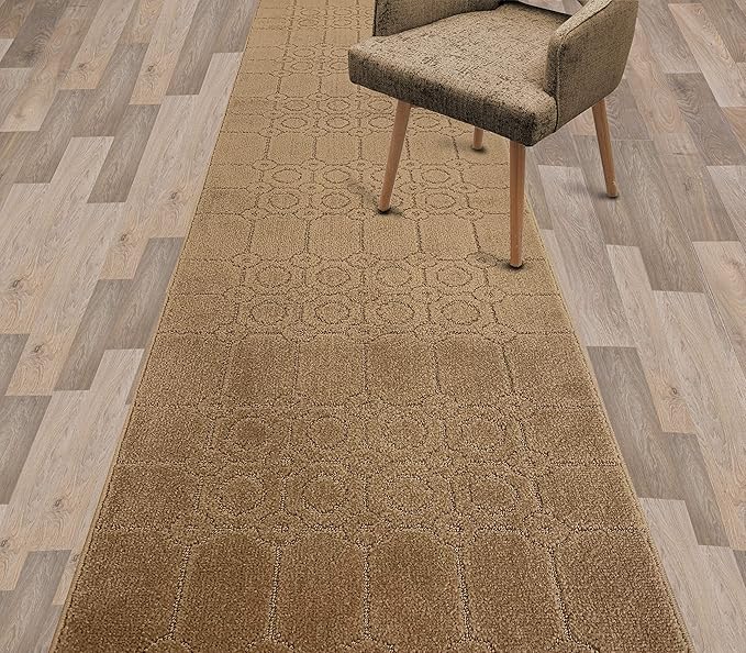 Custom Size Modern Abstract Floor Carpet Runner Rug for Hallways, Slip Resistant Latex Rubber Backed, 31 inch Wide X Customized Length, Art Gold Tan, 31 inch X 8 feet
