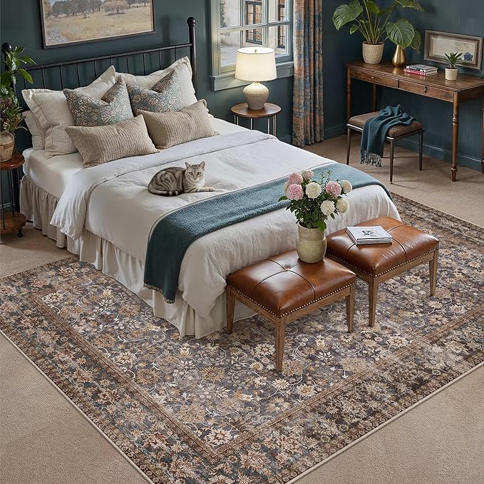 10x14 Brown Blue Vintage Floral Washable Area Rug - Image 3