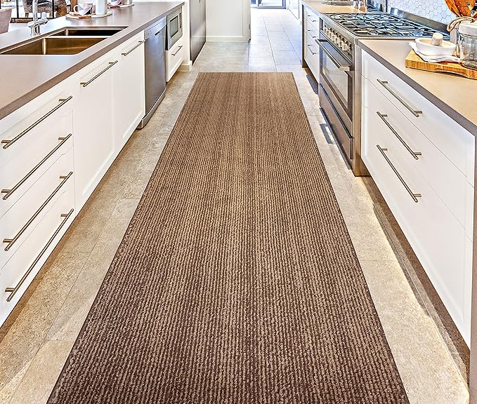 Custom Length Cut to Size Wide Width Carpet Runner Rug for Hallways, Slip Resistant Latex Rubber Backed, 31 inch Wide X Customized Length, Stripe Brown, 31 inch X 24 feet