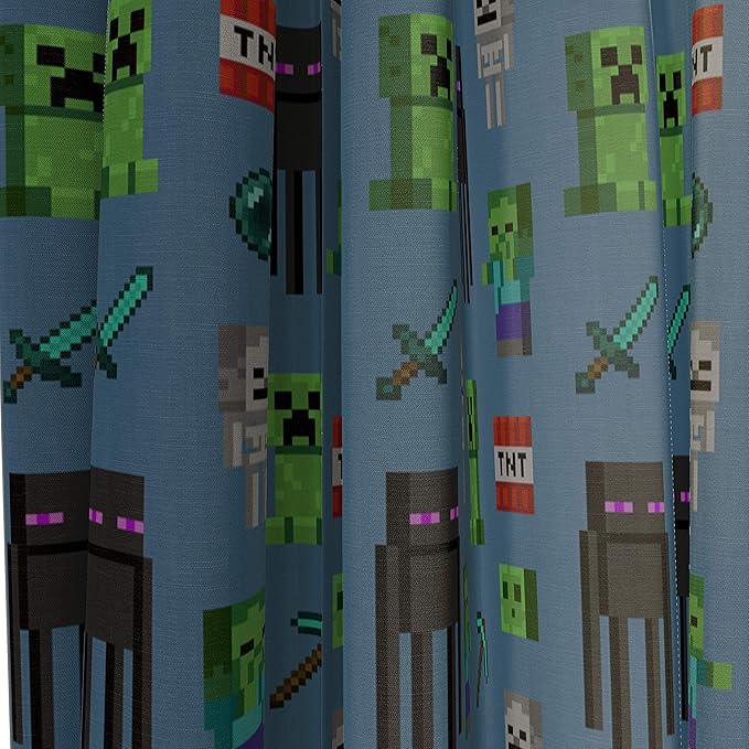 Jay Franco Kids Window Drapes - 4 Piece Curtain Set Includes 2 Tiebacks, Beautiful Bedding Room Décor and Easy Set Up, Blue - Minecraft, 84 Inch