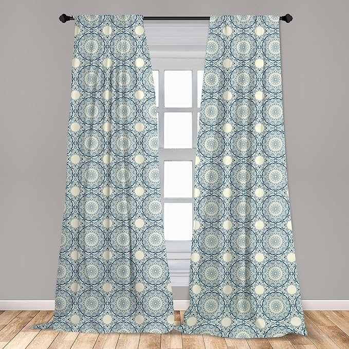 Ambesonne Circle Pattern Window Curtains, Wavy Bold Strokes Style Ornate Mandala Like Symmetrical Motif, Lightweight Decor 2-Panel Set with Rod Pocket, Pair of - 28" x 84", Petrol Blue Cream