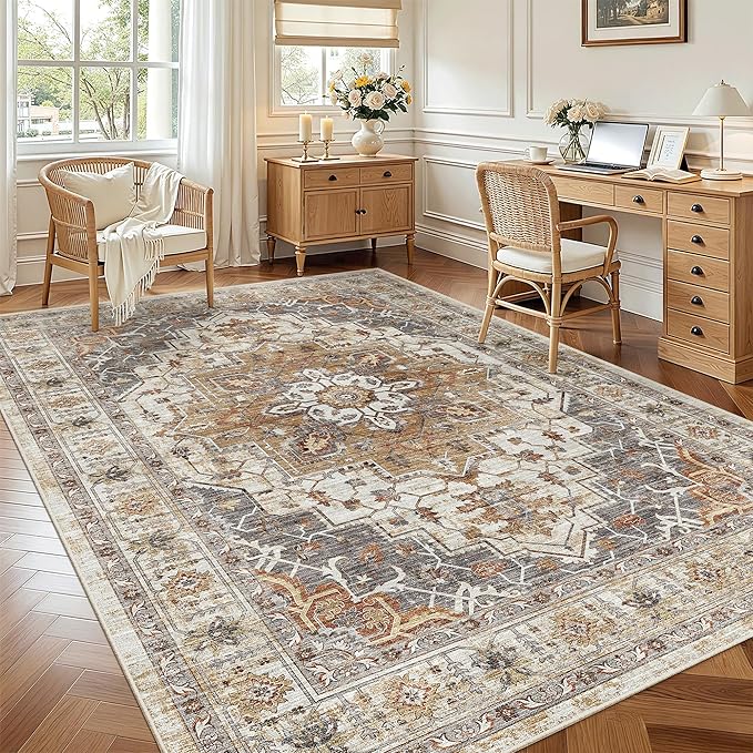 Madane 6x9 Area Rugs for Living Room, Vintage Washable Rug, Turmeric/Grey | - Image 4