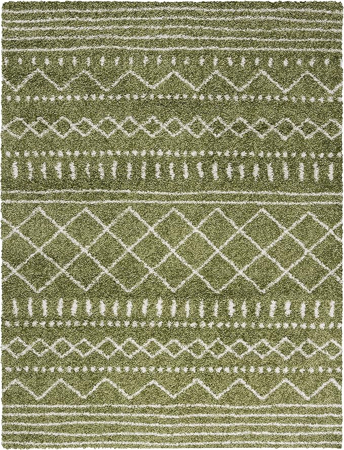 SAFAVIEH Arizona Shag Collection Area Rug - 9' x 12', Green & Ivory, Moroccan Design, Non-Shedding & Easy Care, 1.6-inch Thick Ideal for High Traffic Areas in Living Room, Bedroom (ASG741X)