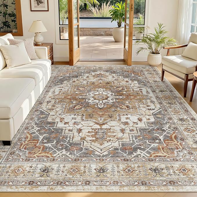 Madane 5x7 Area Rugs for Living Room, Non-Slip Washable Rug, Turmeric/Grey | by Madane