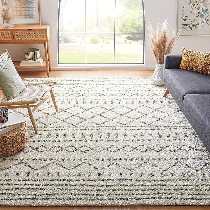 SAFAVIEH Area Rug 8x10 - Arizona Shag Collection - Large - Ivory & Green, Moroccan Design, Non-Shedding & Easy Cleaning, Ultra Plush Thick Pile, Ideal for Living Room, Bedroom, Dining Space (ASG741Y)