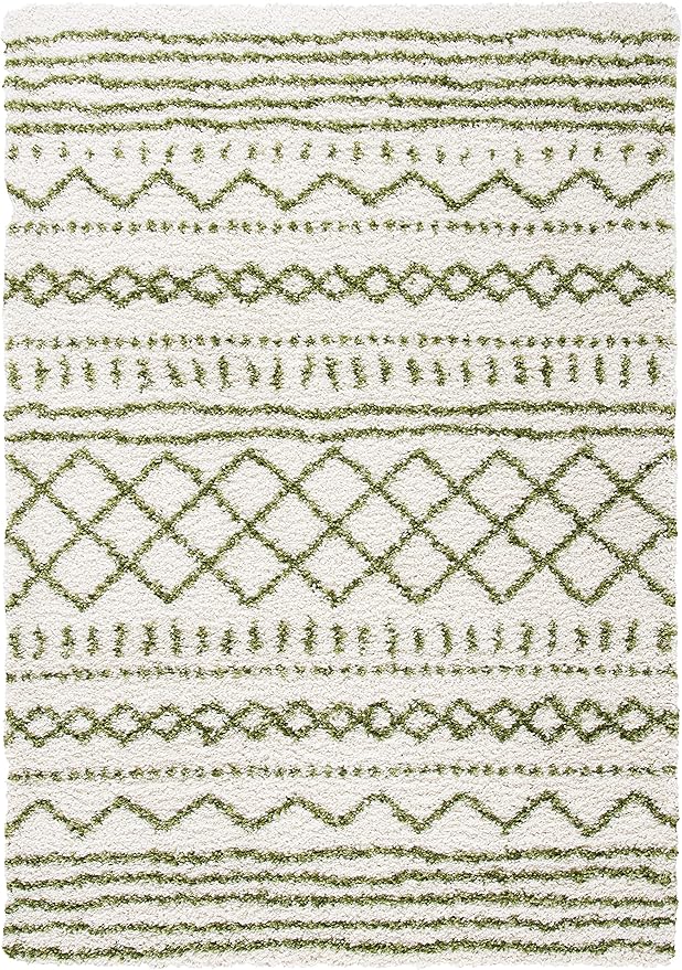 SAFAVIEH Arizona Shag Collection Area Rug - 6'7" x 9'2", Ivory & Green, Moroccan Design, Non-Shedding & Easy Care, 1.6-inch Thick Ideal for High Traffic Areas in Living Room, Bedroom (ASG741Y)