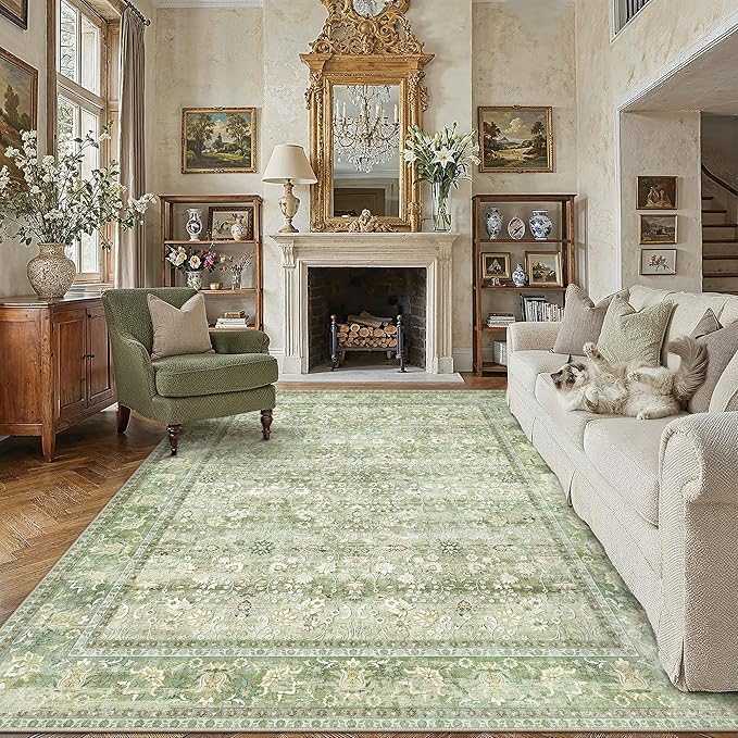9x12 Light Green Vintage Floral Washable Area Rug by HUGEAR