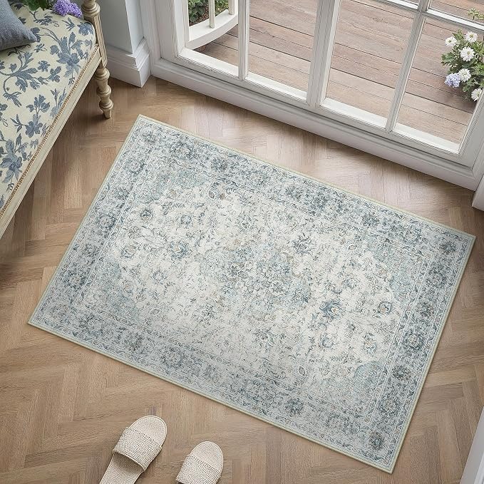 2x3 Light Blue Retro Floral Washable Area Rug by HUGEAR