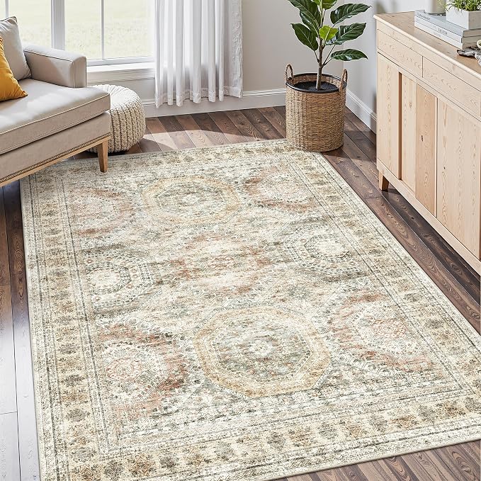 Soalmost 5x7 Area Rugs Brown/Pink Low Pile Washable Trendy Faded Style Rug | - Image 9