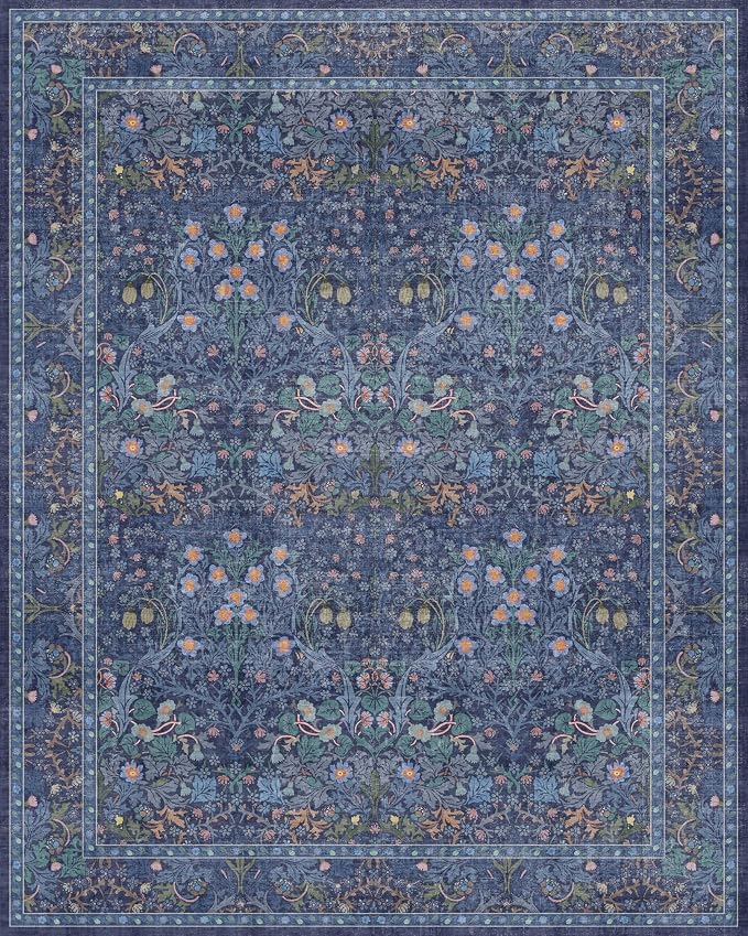 Dark Blue Living Room Rug 8x10, Vintage Floral Washable Area Rugs - Image 3