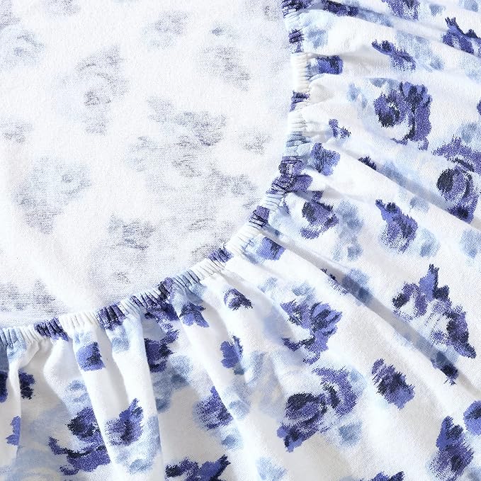 Laura Ashley - Flannel Sheets King Size, Anti-Pilling & Wrinkle Resistant Cotton, Touchably Soft for All-Season Comfort - Bed Sheets with Matching Pillowcases & Fitted Sheet (Emelisa Blue)