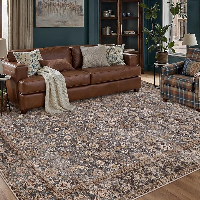 6x9 Brown Blue Vintage Floral Washable Area Rug by HUGEAR