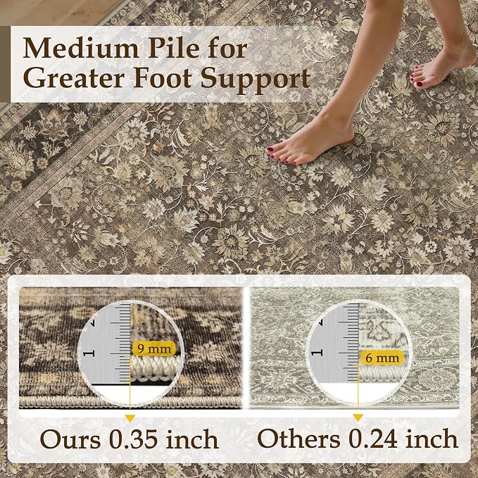 9x12 Washable Area Rug for Living Room | Brown Vintage Floral, Thick Mid Pile - Image 2