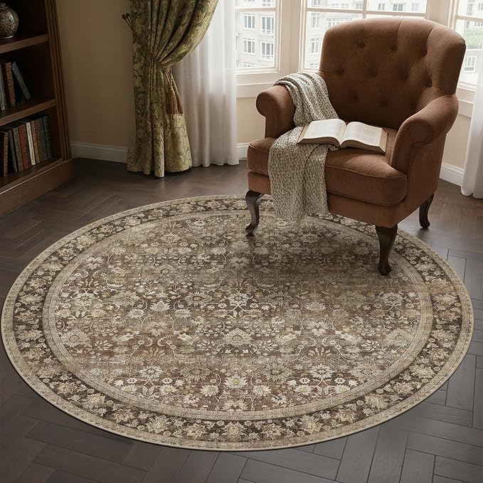 4ft Round Brown Vintage Floral Washable Rug - Image 3