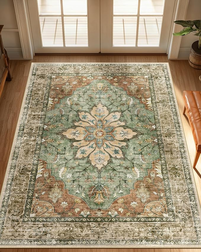 RELEANY Washable Area Rug, Brick/Brown/Green | Non-Slip, Water Repellent by RELEANY