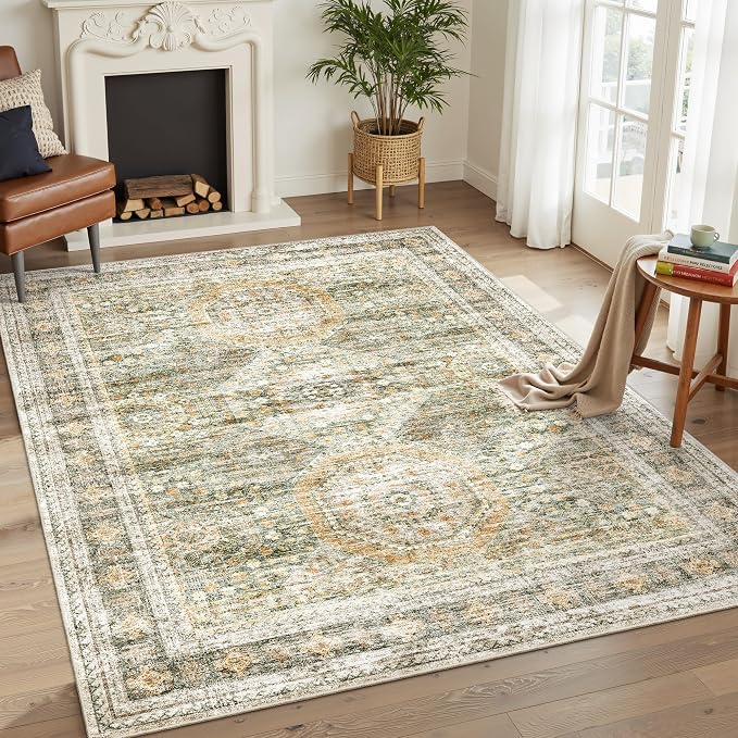 Soalmost 6x9 Area Rug for Living Room Washable Rugs Non-Slip Green/Orange | - Image 4