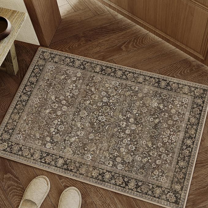 2x3 Brown Vintage Floral Washable Area Rug by HUGEAR