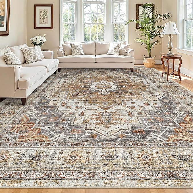 Madane 8x10 Area Rugs for Living Room, Non-Slip Washable Rug, Turmeric/Grey | - Image 2