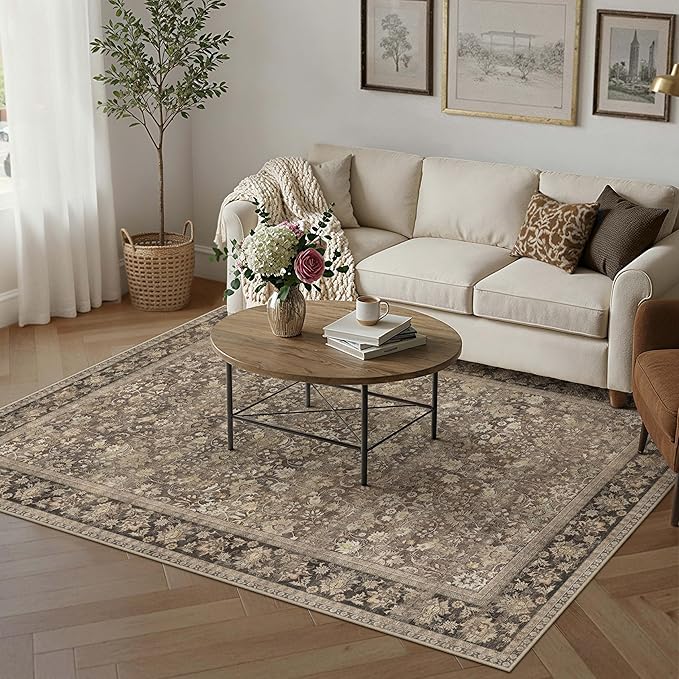 3x5 Washable Area Rug for Entryway | Brown Vintage Floral, Thick Mid Pile - Image 3