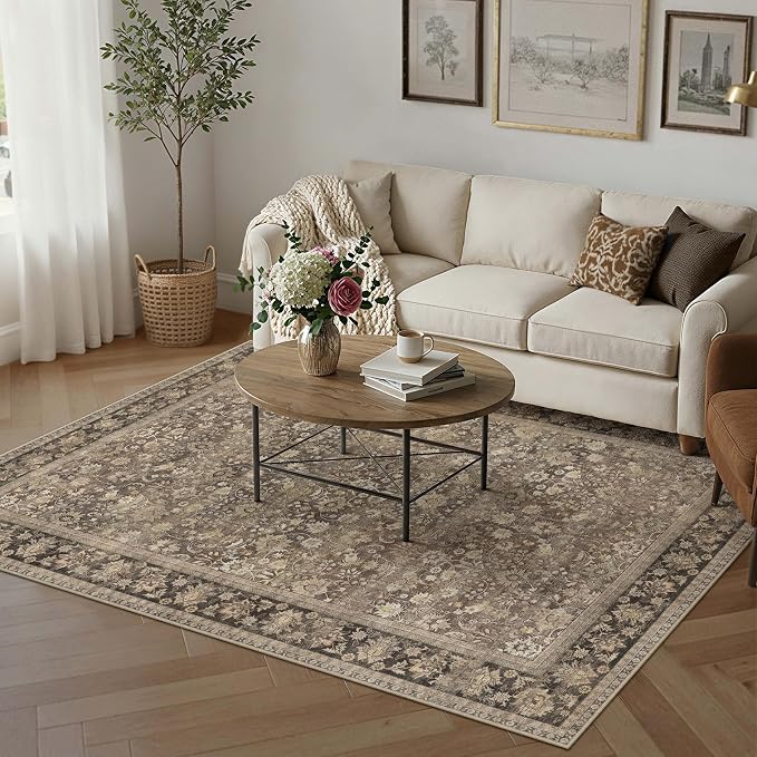 5x8 Brown Vintage Floral Washable Area Rug by HUGEAR