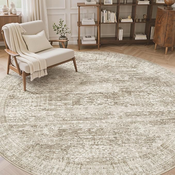 Soalmost Round Rugs 9ft Living Room Circle Area Rug 9x9 Brown Vintage | - Image 3