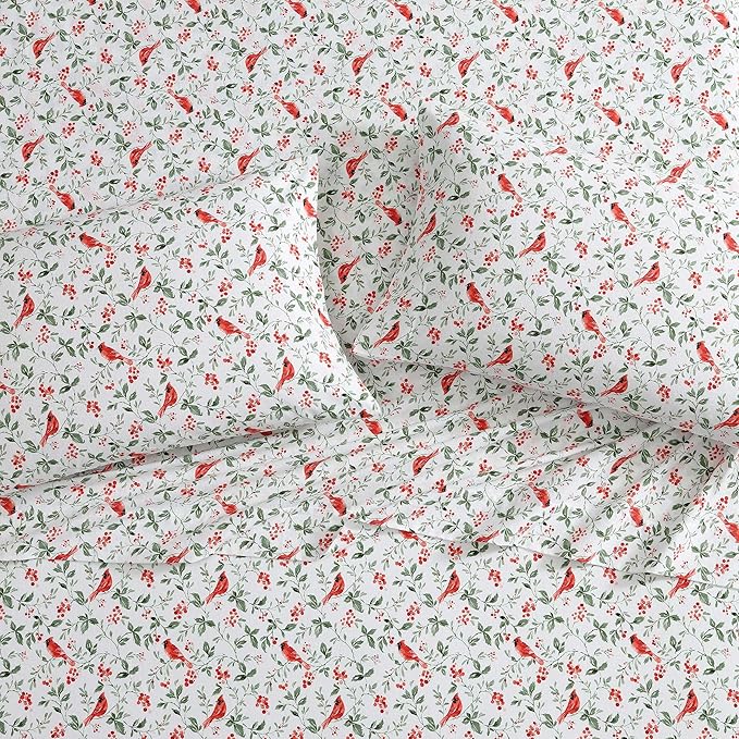 Laura Ashley - Flannel Sheets Twin Size, Anti-Pilling & Wrinkle Resistant Cotton, Touchably Soft for All-Season Comfort - Bed Sheets with Matching Pillowcase & Fitted Sheet (Jolly Cardinals Green)