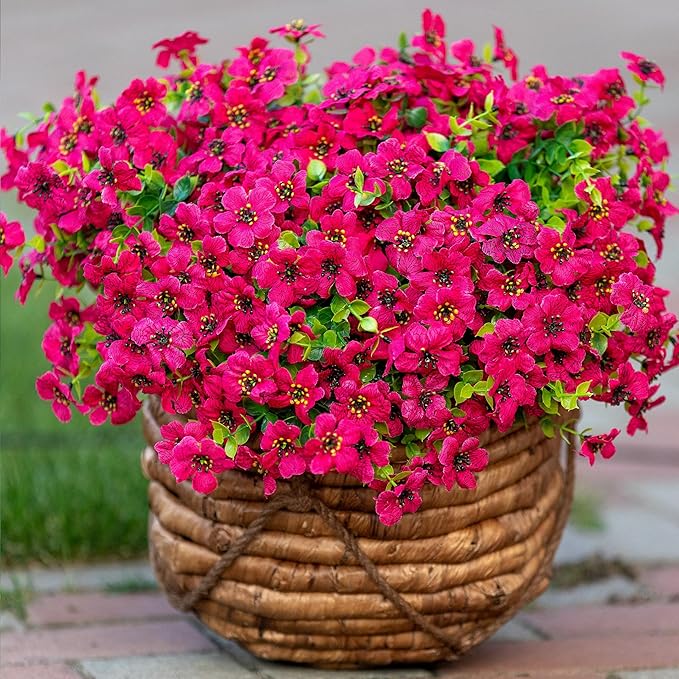 Artificial Flowers for Outdoors Fake Plants - 16 Bundles Faux Outside Greenery Boxwood No Fade Plastic Shrubs Fall Decor Farmhouse Home Garden Thanksgiving Mums (Red)