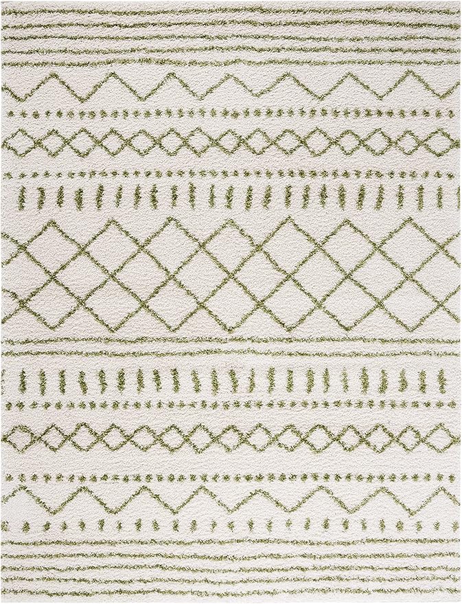 SAFAVIEH Area Rug 8x10 - Arizona Shag Collection - Large - Ivory & Green, Moroccan Design, Non-Shedding & Easy Cleaning, Ultra Plush Thick Pile, Ideal for Living Room, Bedroom, Dining Space (ASG741Y)