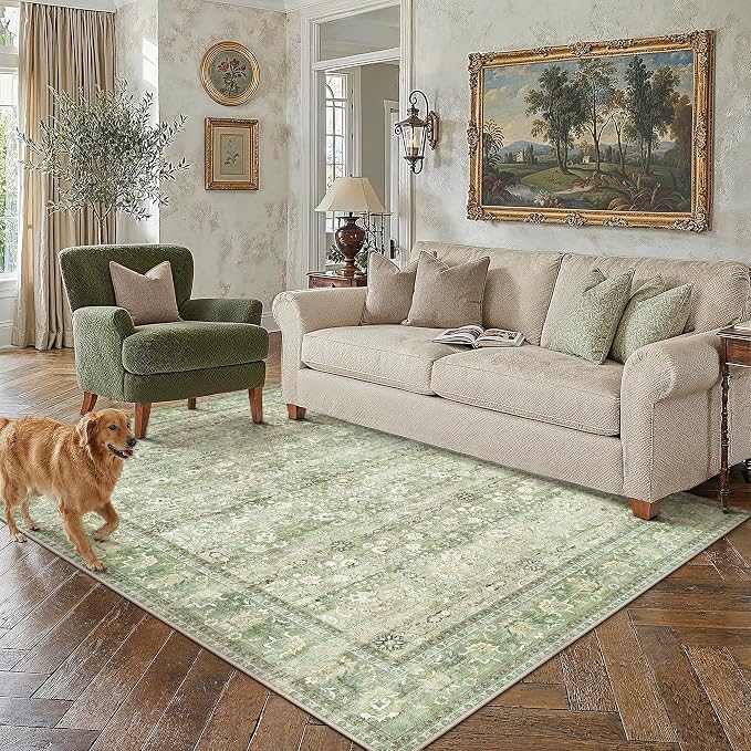 5x7 Light Green Vintage Floral Washable Area Rug by HUGEAR