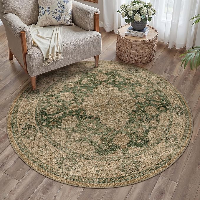 5ft Round Green Retro Floral Washable Rug - Image 3