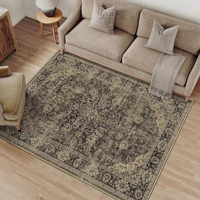 3x5 Brown Retro Floral Washable Area Rug by HUGEAR