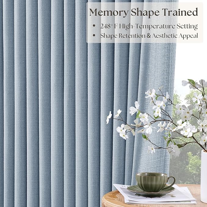 Pinch Pleated 100% Blackout Thick Linen Light Blue Curtains 84 Inches Long | - Image 5