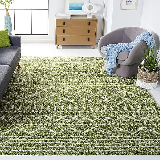 SAFAVIEH Arizona Shag Collection Area Rug - 10' x 14', Green & Ivory, Moroccan Design, Non-Shedding & Easy Care, 1.6-inch Thick, Ideal for The Living Room, Dining, Bedroom (ASG741X)
