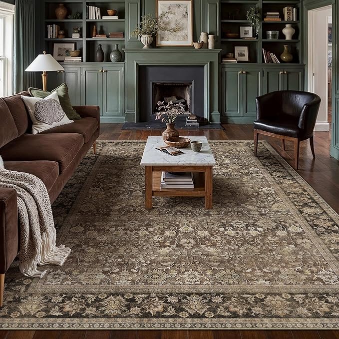 9x12 Brown Vintage Floral Washable Area Rug - Image 3