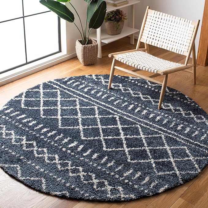 SAFAVIEH Arizona Shag Collection Area Rug - 6'7" Round, Slate Blue & Ivory, Moroccan Design, Non-Shedding & Easy Care, 1.6-inch Thick Ideal for High Traffic Areas in Living Room, Bedroom (ASG741L)