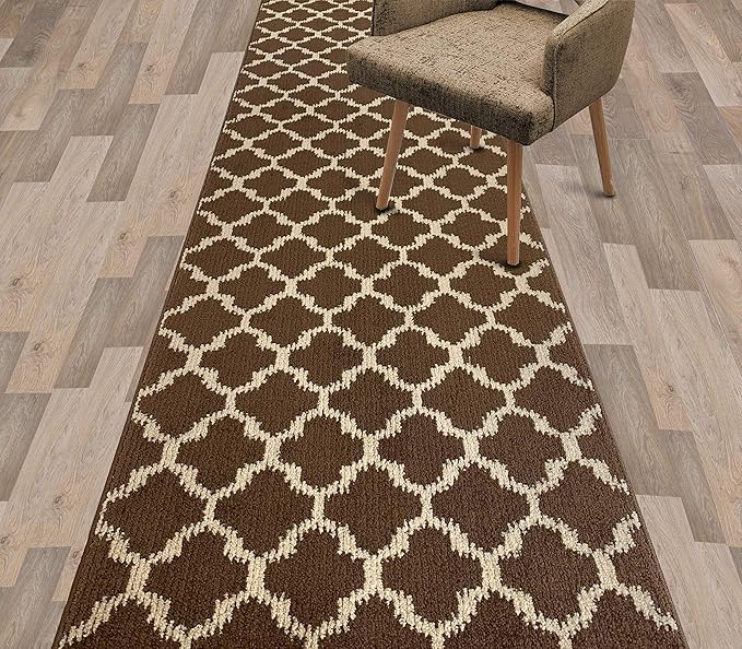 Custom Size Cut to Length Moroccan Trellis Design Runner Rug Mat For Wide Long Hallways with Non-Slip Rubber Backing, Better Traction for Pets, Prevent Slippage, Trellis Brown, 31 inch X 10 feet