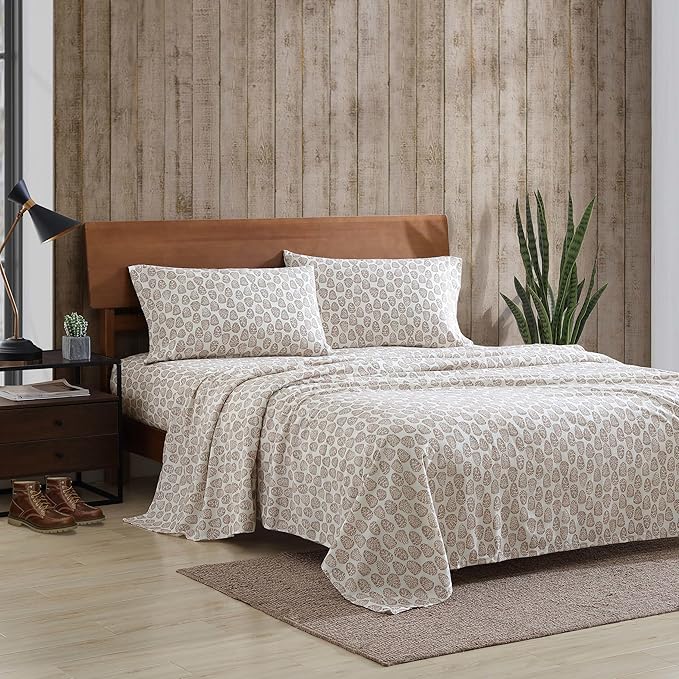 Eddie Bauer - King Sheets, Cotton Flannel Bedding Set, Brushed For Extra Softness, Cozy Home Decor (Little Creek Pine Cone Beige, King)