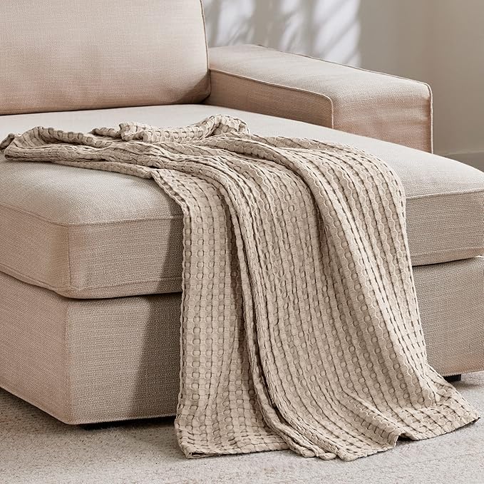 Bedsure Cooling Cotton Waffle Weave Throw Blanket - Lightweight Breathable Blanket of Rayon Derived from Bamboo for Hot Sleepers, Luxury Throws for Bed, Couch and Sofa, Taupe, 50x70 Inches