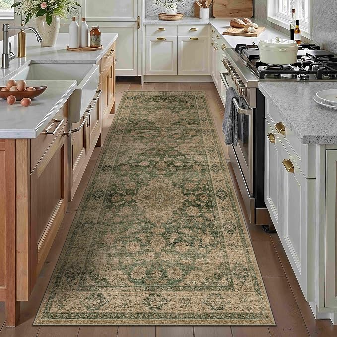 3x8 Green Retro Floral Washable Runner Rug - Image 3