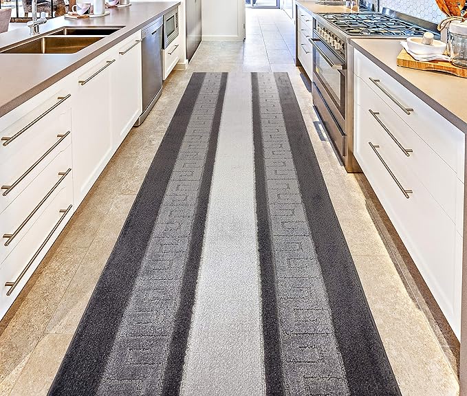 Custom Length Cut to Size Ancient Latin Hellenic Motif Carpet Runner Rug for Hallways, Non Slip Rubber Backed, 31 inch Wide X Customized Length, Greek Key Grey, 31 inch X 12 feet
