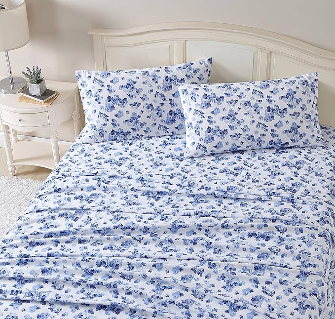 Laura Ashley - Flannel Sheets Queen Size, Anti-Pilling & Wrinkle Resistant Cotton, Touchably Soft for All-Season Comfort - Bed Sheets with Matching Pillowcases & Fitted Sheet (Emelisa Blue)