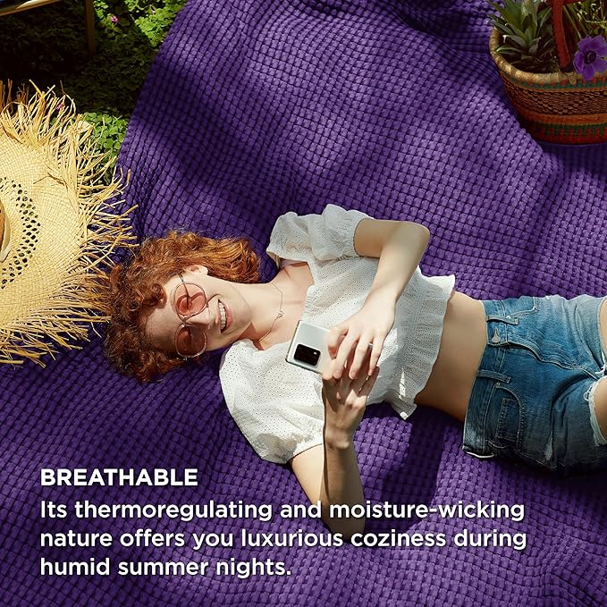 Bedsure Cooling Cotton Waffle Queen Size Blanket - Lightweight Breathable Blanket of Rayon Derived from Bamboo for Hot Sleepers, Luxury Throws for Bed, Couch and Sofa, Purple, 90x90 Inches