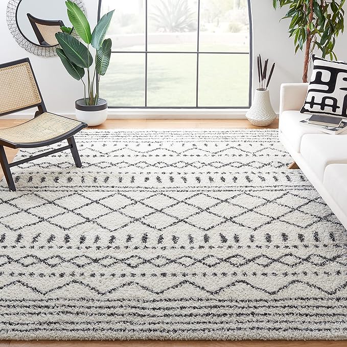SAFAVIEH Arizona Shag Collection Area Rug - 8' Square, Ivory & Black, Non-Shedding & Easy Cleaning, Plush Thick Pile, Ideal for Living Room, Bedroom, Dining Space (ASG741Z)