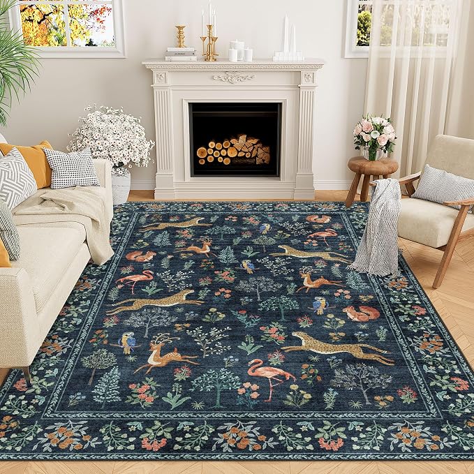 DUKINO 9x12 Area Rug for Living Room Washable Animal Rug Non Slip Navy Blue | by DUKINO