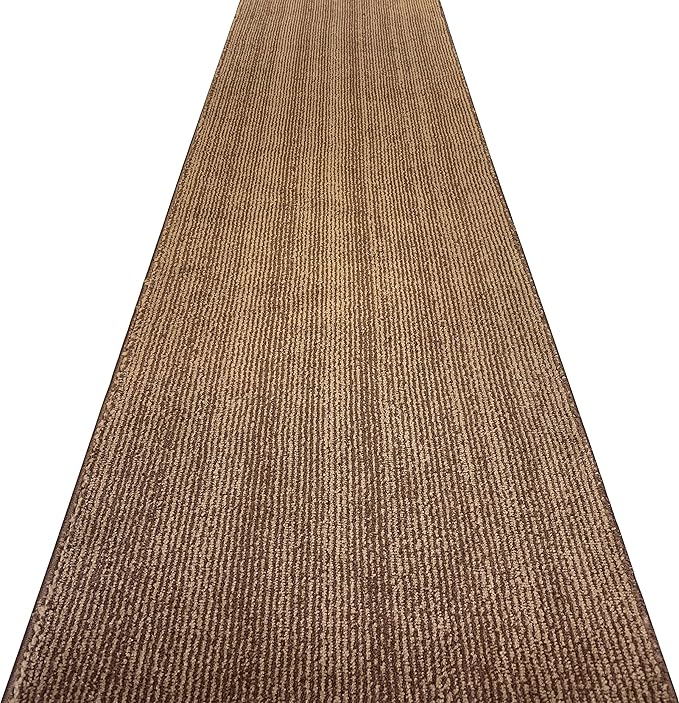 31 inch Wide Hallway Carpet Runner Rug, Custom Length, Non-Slip Rubber Back, Brown, Modern Stripe, 9 feet Long