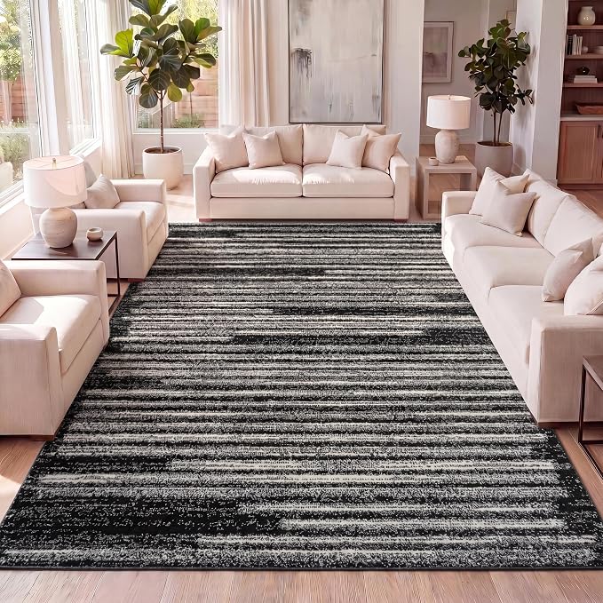 JONATHAN Y Khalil Modern Berber Stripe Black/Cream Indoor Area Rug, Contemporary by JONATHANY
